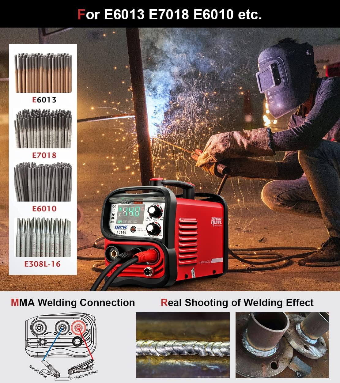 Flux Core Welder 110V, Actual 140Amp MIG Welder 3 in 1 Synergic Gasless Wire Welder/Stick Welder/Lift TIG Welding Machine, IGBT Inverter with Large LED Display and 2lb Welding Wire