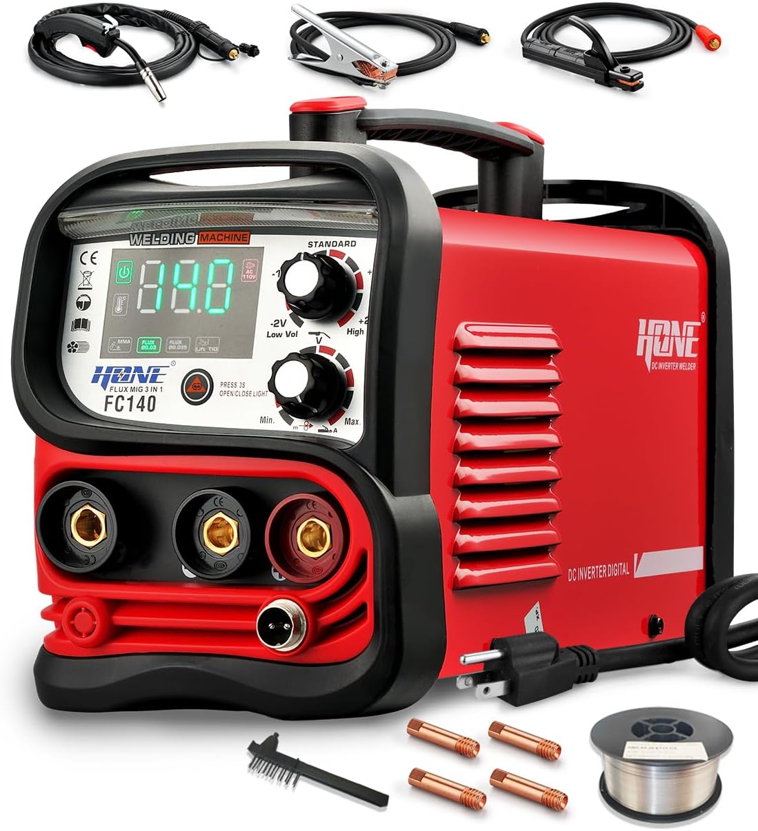 Flux Core Welder 110V, Actual 140Amp MIG Welder 3 in 1 Synergic Gasless Wire Welder/Stick Welder/Lift TIG Welding Machine, IGBT Inverter with Large LED Display and 2lb Welding Wire