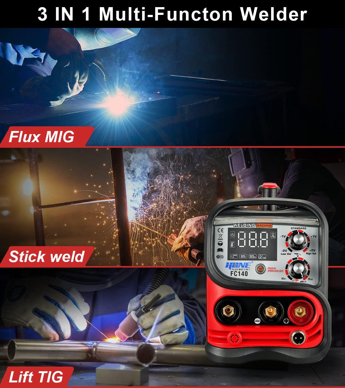 Flux Core Welder 110V, Actual 140Amp MIG Welder 3 in 1 Synergic Gasless Wire Welder/Stick Welder/Lift TIG Welding Machine, IGBT Inverter with Large LED Display and 2lb Welding Wire