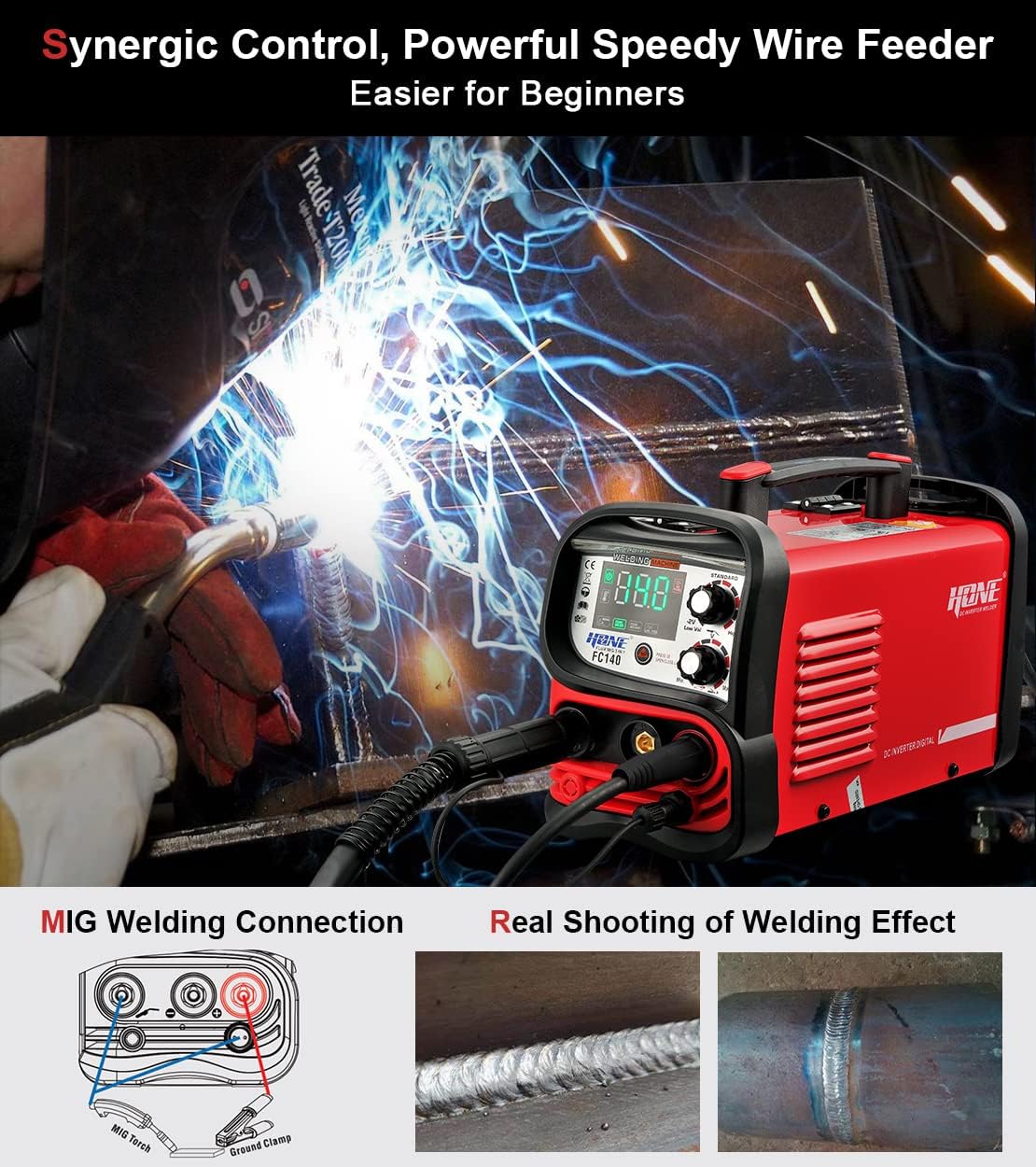 Flux Core Welder 110V, Actual 140Amp MIG Welder 3 in 1 Synergic Gasless Wire Welder/Stick Welder/Lift TIG Welding Machine, IGBT Inverter with Large LED Display and 2lb Welding Wire