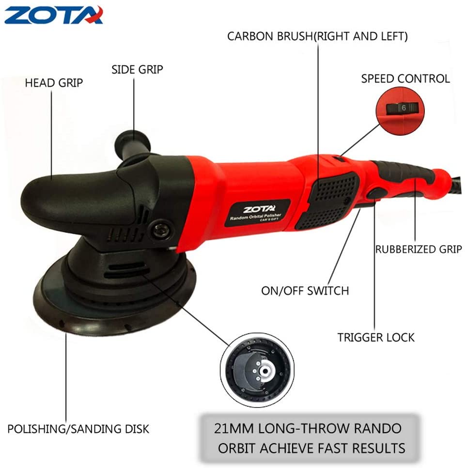 ZOTA Polisher with 30' Cord, 21mm Long-Throw Random Orbital Polisher, 6.5"/ 900w Dual Action Car Buffer kit with 3 Professional Pad