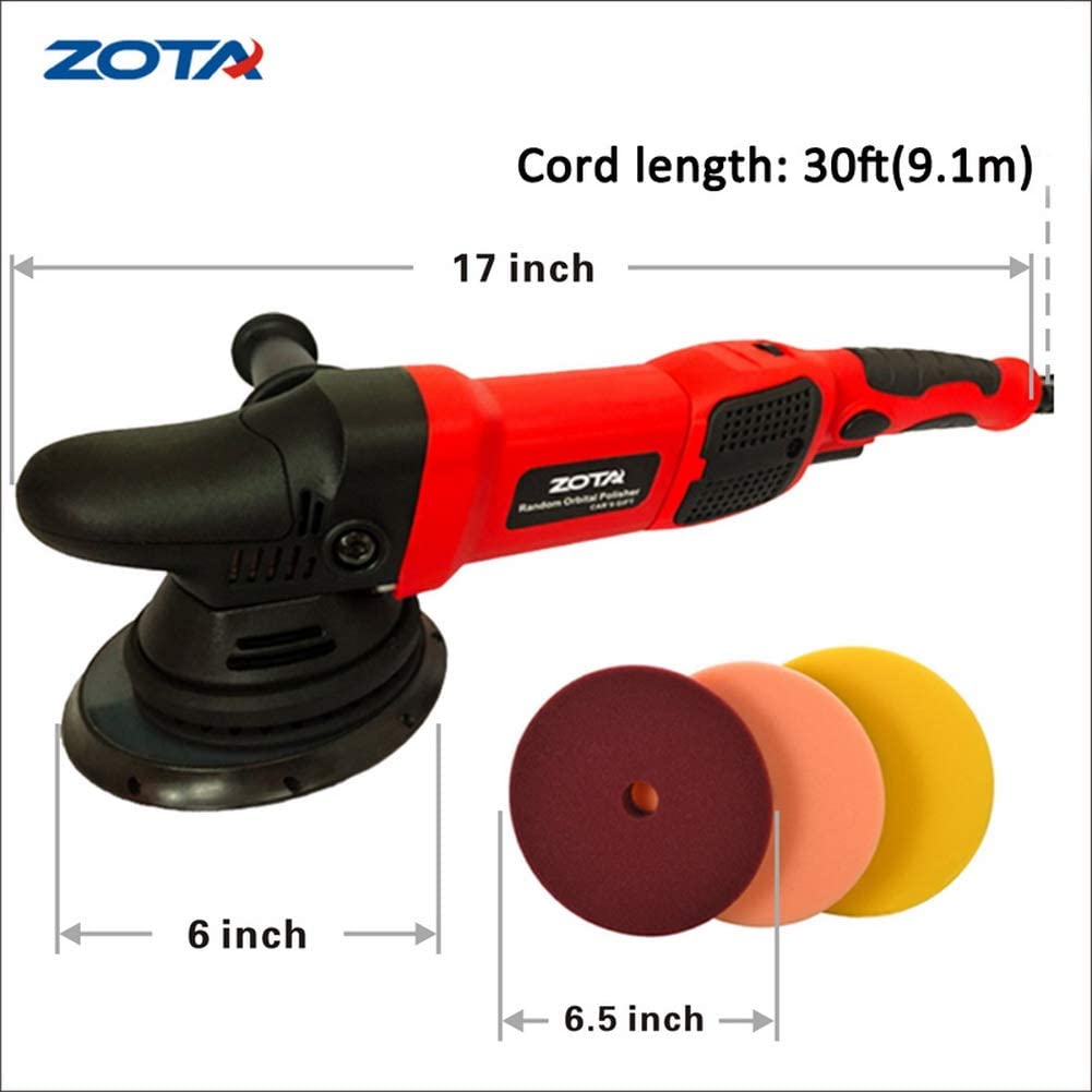 ZOTA Polisher with 30' Cord, 21mm Long-Throw Random Orbital Polisher, 6.5"/ 900w Dual Action Car Buffer kit with 3 Professional Pad