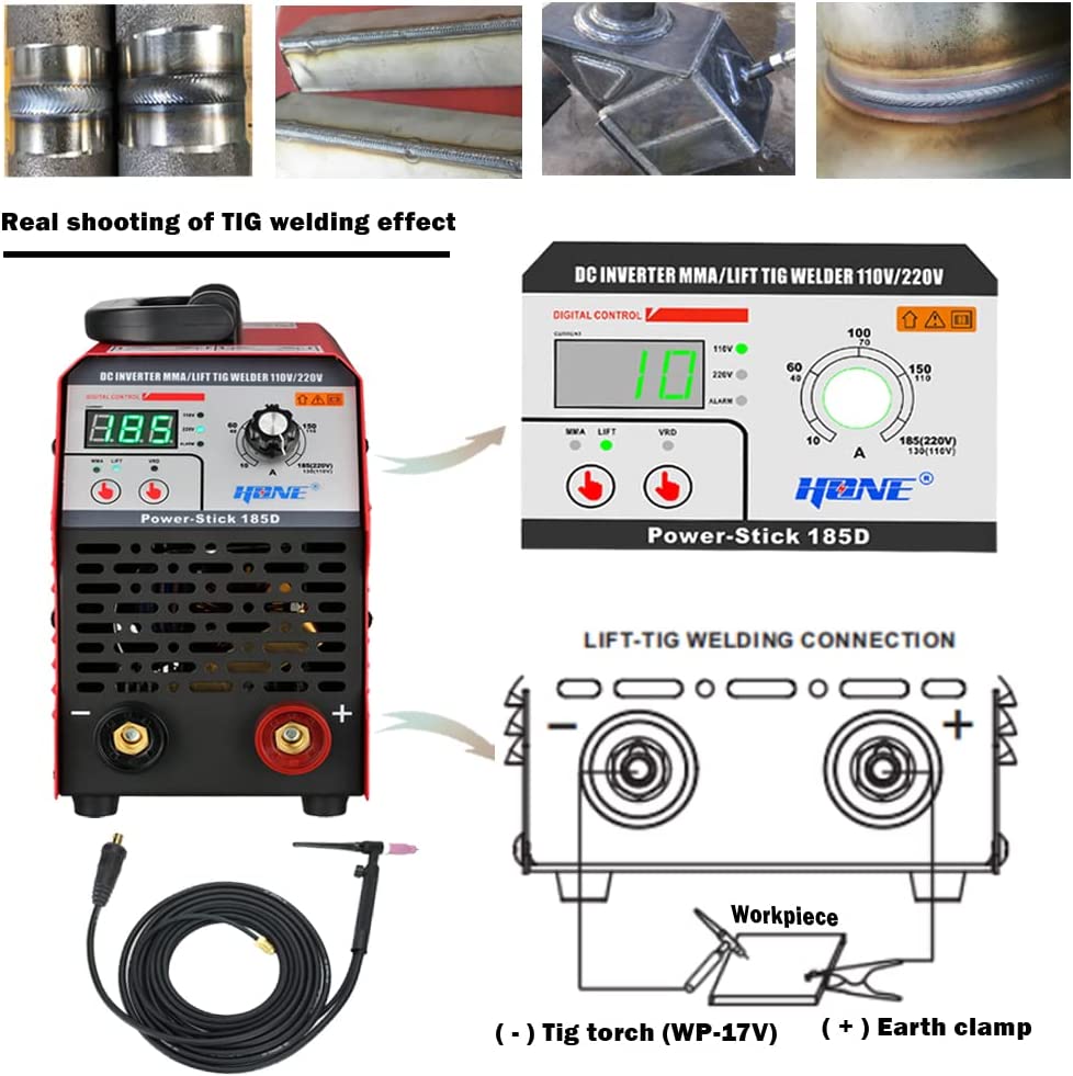 Actual 185Amp 110V/220V Stick Welder with Lift Tig Function, Digital IGBT Inverter Welding Machine with Hot Start Arc Force Anti-Stick VRD, High Duty Cycle for 1/16"-5/32" Welding Rod