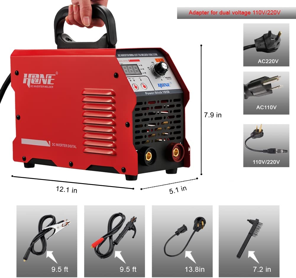 Actual 185Amp 110V/220V Stick Welder with Lift Tig Function, Digital IGBT Inverter Welding Machine with Hot Start Arc Force Anti-Stick VRD, High Duty Cycle for 1/16"-5/32" Welding Rod