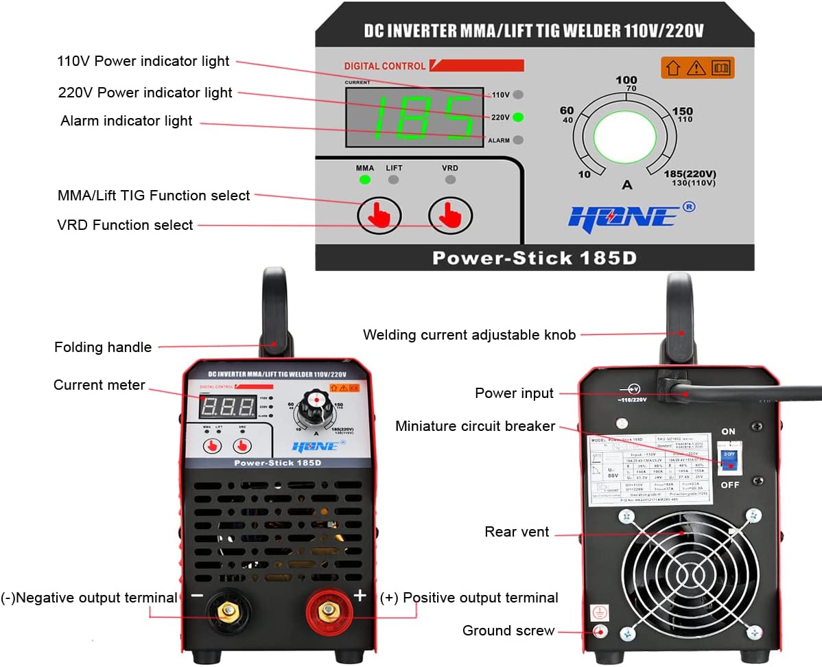 Actual 185Amp 110V/220V Stick Welder with Lift Tig Function, Digital IGBT Inverter Welding Machine with Hot Start Arc Force Anti-Stick VRD, High Duty Cycle for 1/16"-5/32" Welding Rod