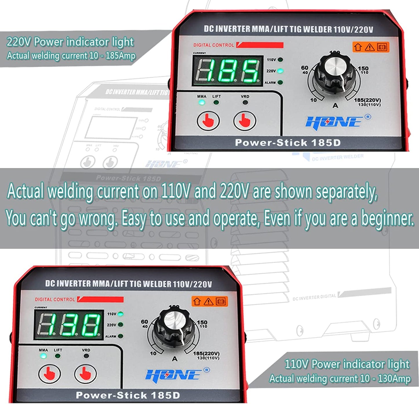 Actual 185Amp 110V/220V Stick Welder with Lift Tig Function, Digital IGBT Inverter Welding Machine with Hot Start Arc Force Anti-Stick VRD, High Duty Cycle for 1/16"-5/32" Welding Rod