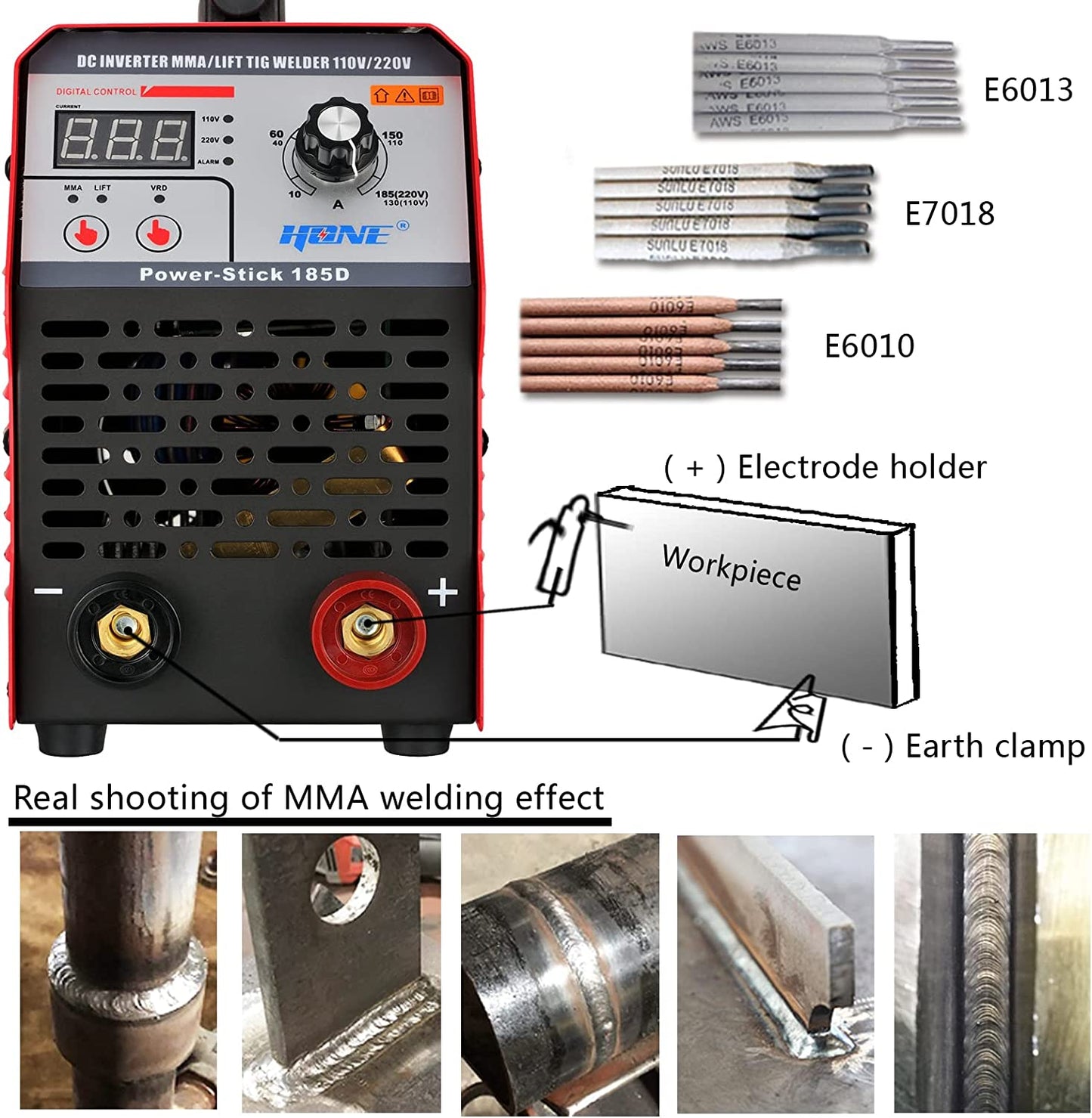 Actual 185Amp 110V/220V Stick Welder with Lift Tig Function, Digital IGBT Inverter Welding Machine with Hot Start Arc Force Anti-Stick VRD, High Duty Cycle for 1/16"-5/32" Welding Rod